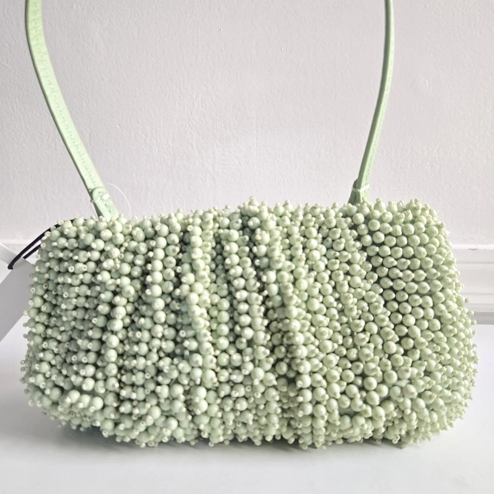 New Staud Beaded Bean Convertible Matcha Shoulder Handbag NWT - Picture 9 of 14